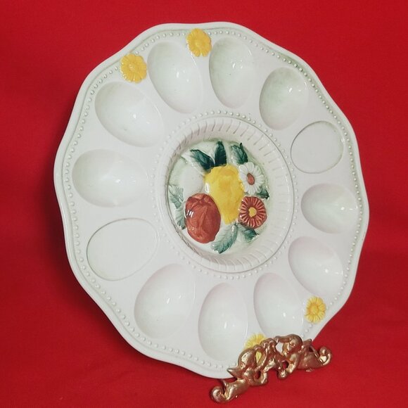 Deviled Egg Plate Serving Platter Tray Fruit Floral Center - Picture 9 of 10